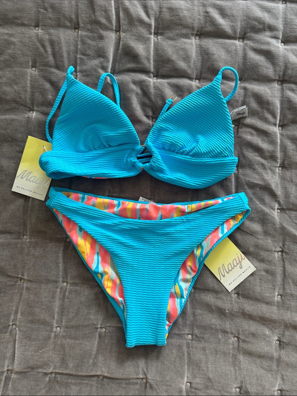 Maaji Bright Turquoise Textured Bikini with Multicolor Reversible Lining
